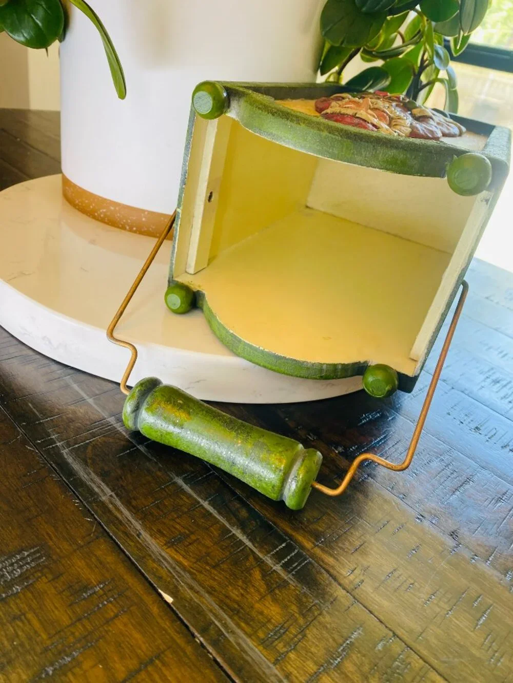 Vintage Crackle Green Wood Santa Carrier Box Wire Handle Farmhouse Christmas